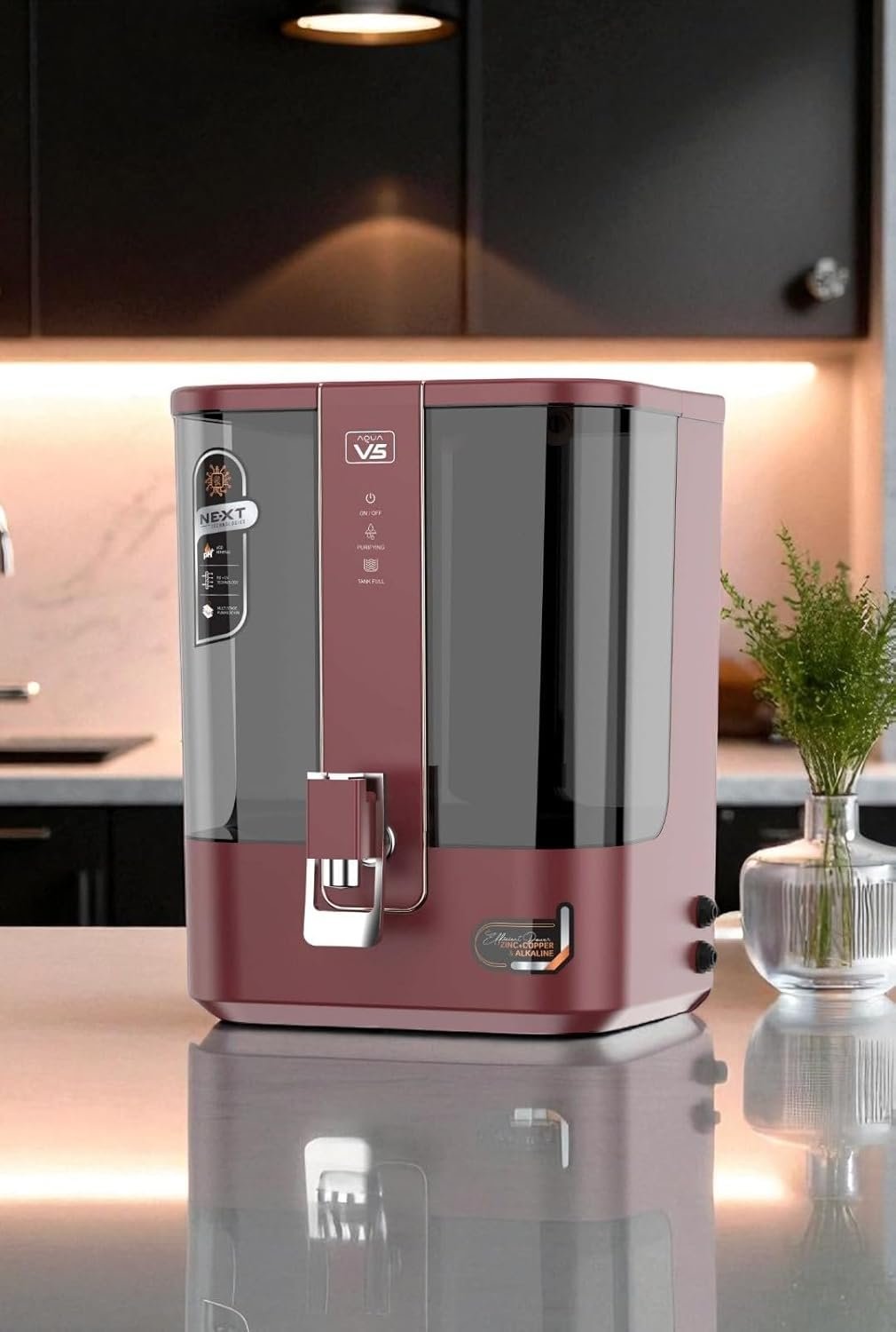 Aqua V5 RO Water Purifier 10L | Alkaline + Copper + Zinc | Active Carbon Filter | Advanced 7-Stage Purification | Premium Sleek Design | (MAROON)